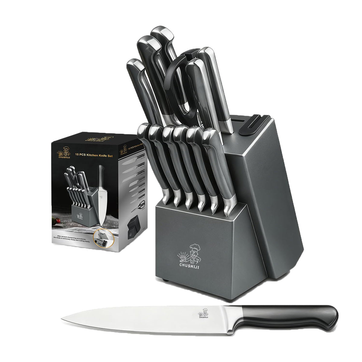 15-Piece Gray Kitchen Knife Set with Block and Sharpener, Dishwasher Safe