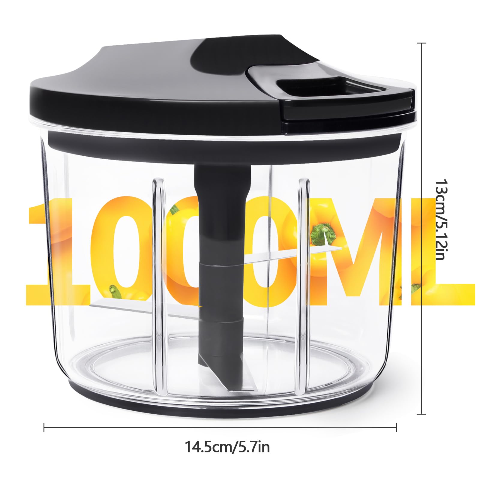 LHS Manual Food Processor Large Vegetable Chopper, 1000ML Pull String Chopper Garlic Mincer Onion Cutter for Veggies,Salad,Fruits, Nuts, BPA Free, Black