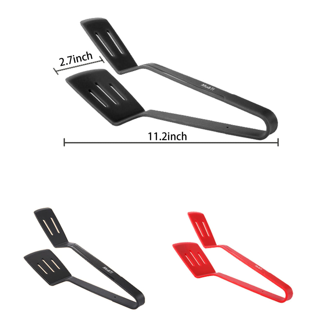 Mu&Ti Silicone Kitchen Tongs 2-in-1 11 In Premium Stainless Steel Barbecue Clamp Multipurpose BBQ Clamp Spatula for Gripper Bread Clip/Fried Steak Clamp/Flipping Fish/Beefsteak Flipper Two Set(Black)