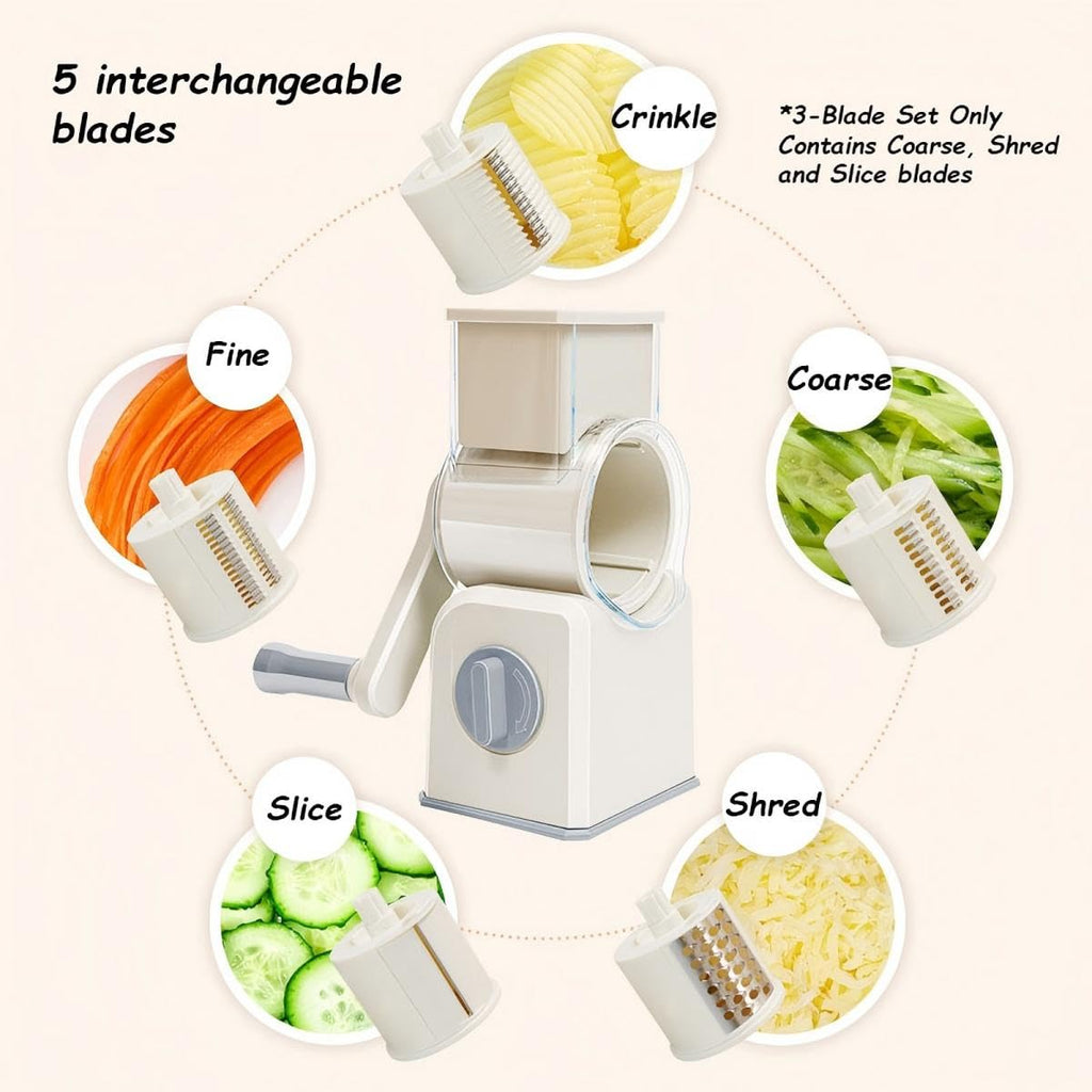 Rotary Cheese Grater with Hand Crank, Multi-Purpose Shredder Slicer with 3 Interchangeable Stainless Steel Blades for Shredding, Slicing, and Grating Cheese, Vegetables, and Fruit (Green)