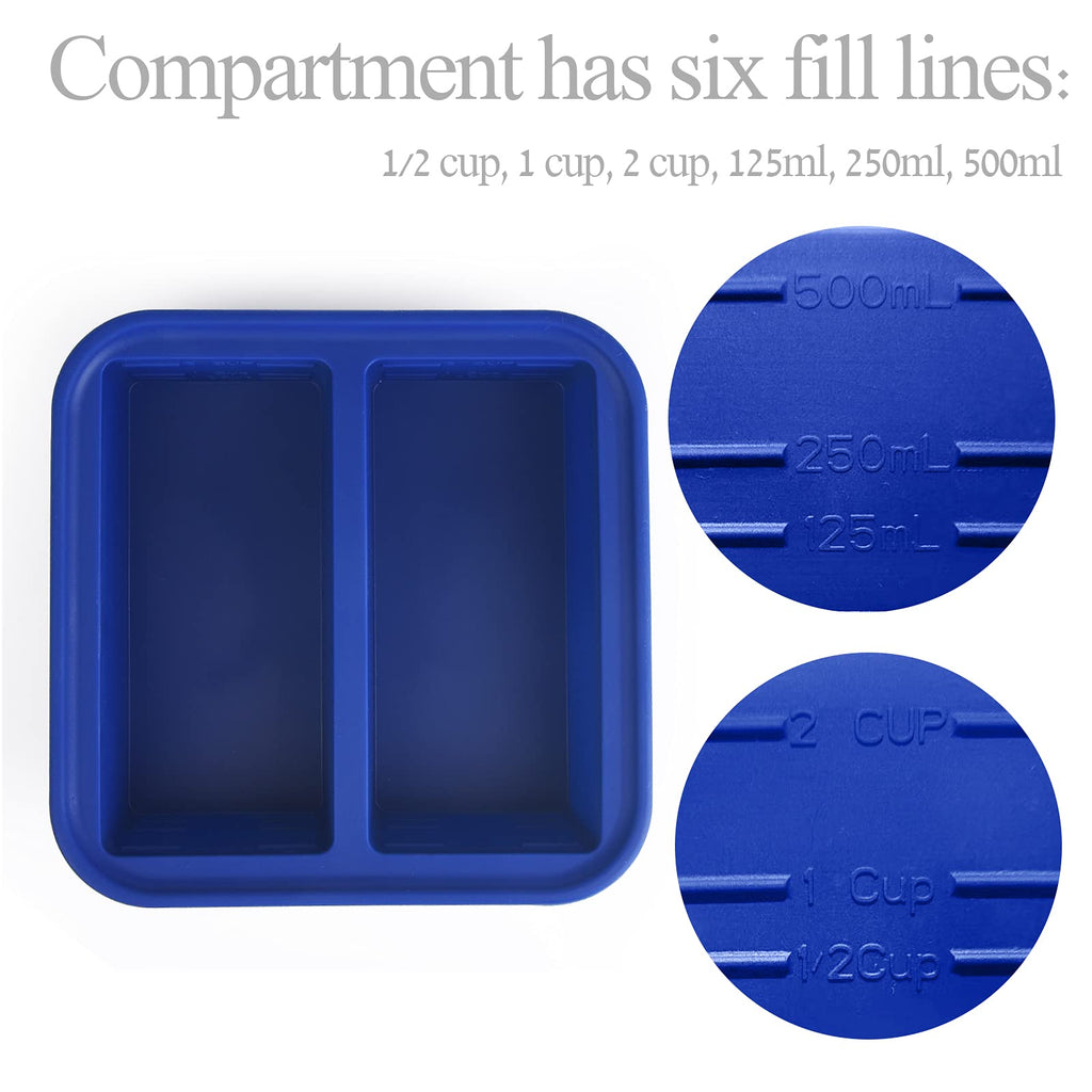 Kinggrand Kitchen 2 Cup Silicone Freezer Molds 2 Pack Silicone Freezer Tray with Lid Make 4 Perfect 2-Cup Portions - Easy Release Molds for Food Storage & Freeze Soup, Broth, Stew or Sauce