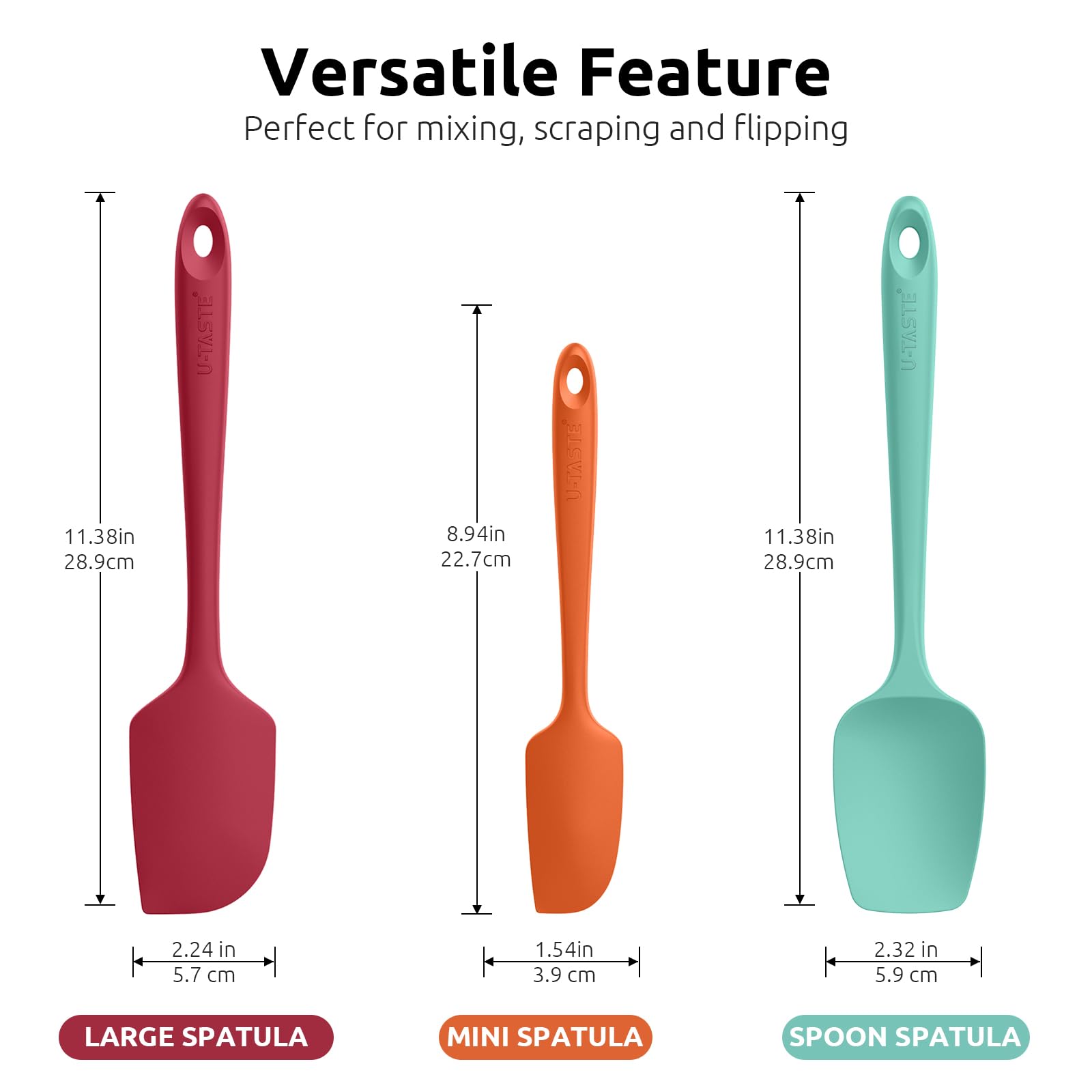 U-Taste Silicone Spatula Set, 600ºF High Heat Resistant, 3-Pcs, Multicolor