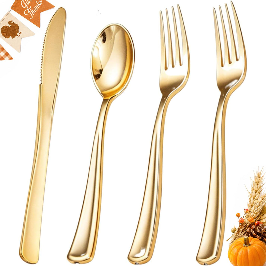 Liacere 200pcs Gold Plastic Forks - Heavyweight - 7.4 Inch Heavy Duty Forks - Gold Plastic Silverware Perfect For Parties & Weddings & Restaurants & New Year And Daily Using＆Thanksgiving＆Fall Party