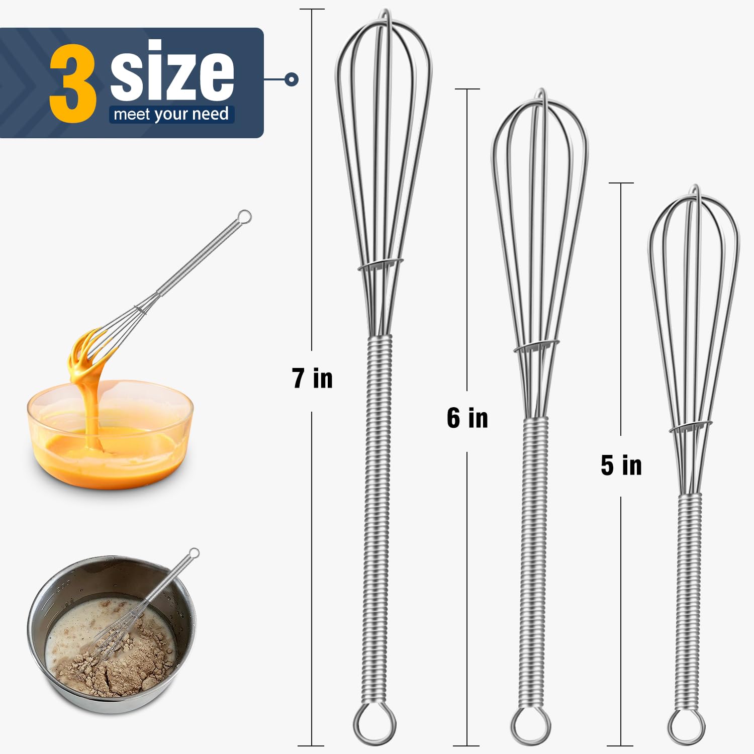 Eddeas Small Whisk Stainless Steel, Mini wire whisk 3 Pieces, 5in, 6in & 7in Tiny Whisks Perfect for Whisking, Beating, Mixing Sauces & Blending Ingredients.