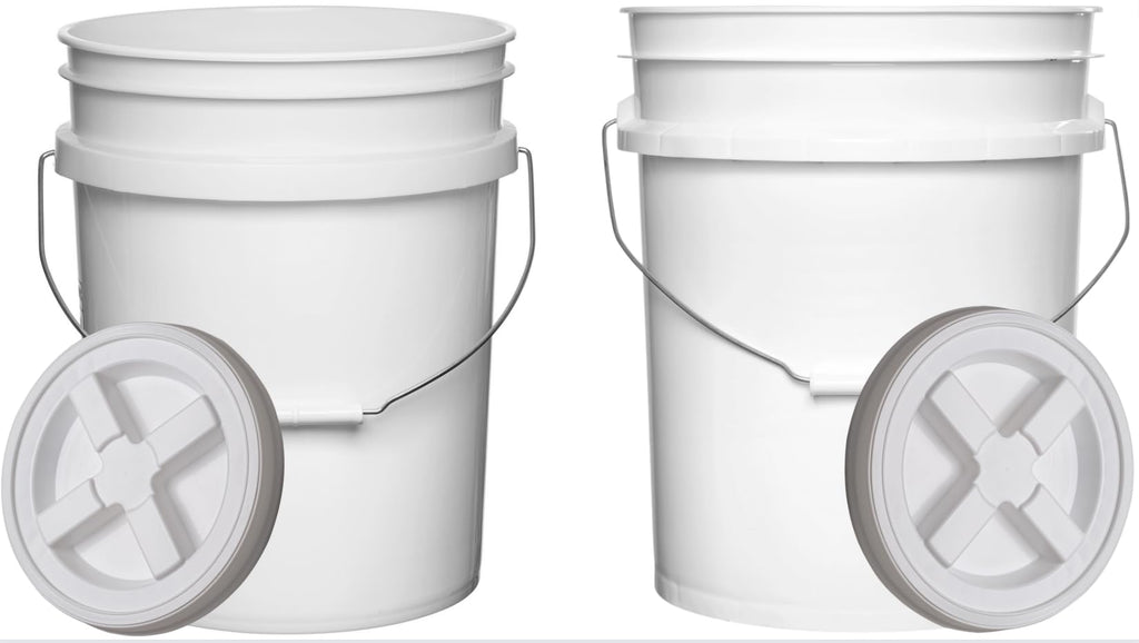 House Naturals Food Grade 5 Gallon Made in USA Plastic Bucket with Air Tight Screw on Lid (White Buckets with Red Lids)