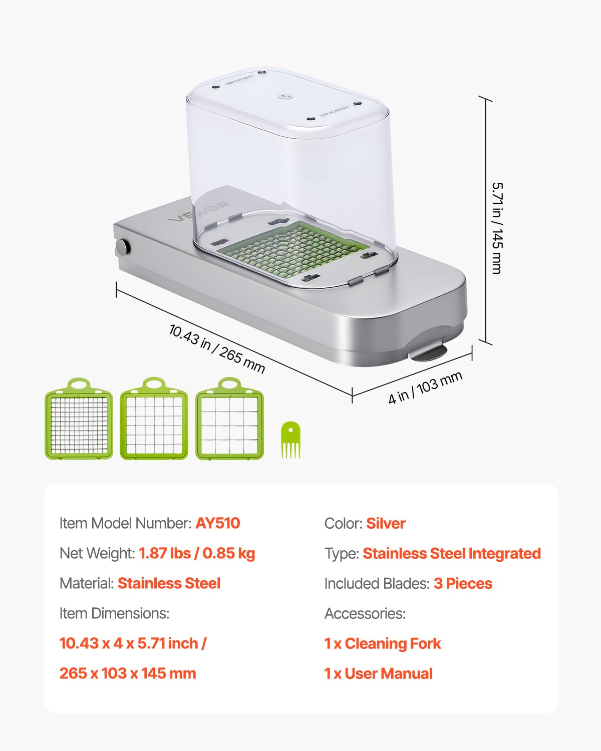 VEVOR Vegetable Chopper, Food Veggie Cutter with 3 Stainless Steel Blades, Onion Slicer with Container, Salad Potato Dicer Kitchen Gadgets & Essentials Home Appliances Tools for Easy DIY, Silver
