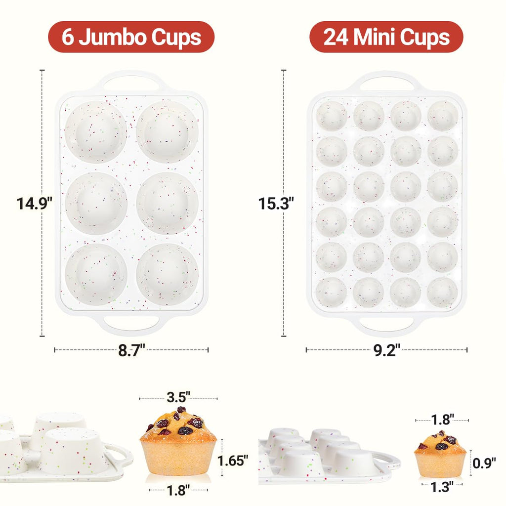 CAKETIME Silicone Muffin Pans for Baking, Metal Reinforced Frame Jumbo 6 Cups & Mini 24 Cups Cupcake Pan Nonstick Muffin Pan for Homemade Baking Easy to Handle