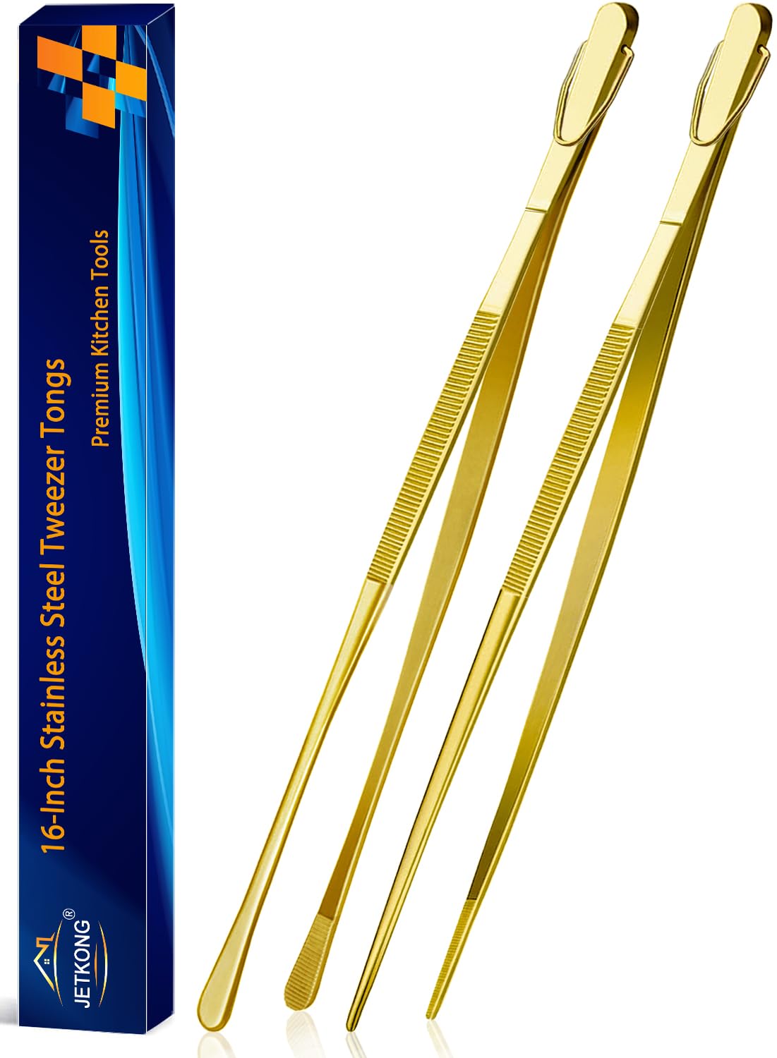 JETKONG 2 Pcs 12-Inch Cooking Tweezer Tongs Stainless Steel Kitchen Tweezers Plating Tongs (Navy Blue)