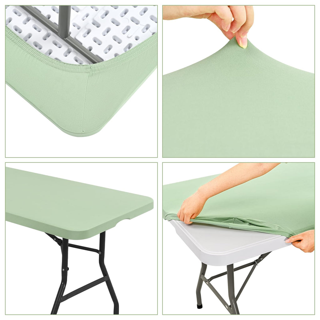 6 Pack Stretch Fabric Table Top Cap Cover, fits 8' Tables, Spandex Table Covers Washable Elastic Rectangle Tablecloth Protector for Indoor Outdoor Party Picnic Wedding, Sage Green, 30" W x 96" L