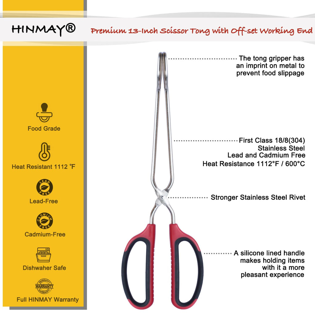 HINAMY 13" Stainless Steel Scissor Tongs with Comfort-Grip Handle, Set of 2