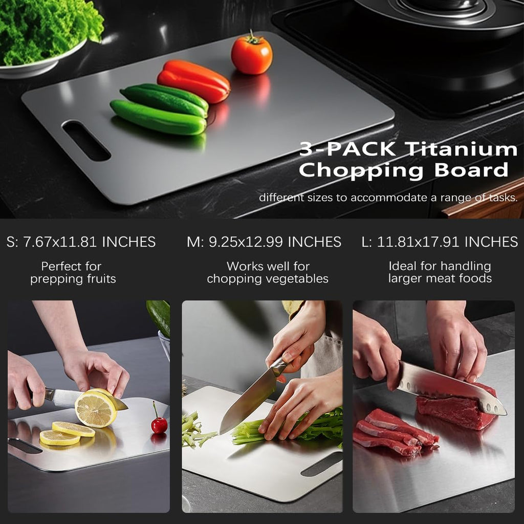 Titanium Cutting Board Set of 3,100% Pure Titanium Cutting Boards for Kitchen Double Sided,Hygiene Durable Dishwasher,Fruit & Vegetables （3P-M)