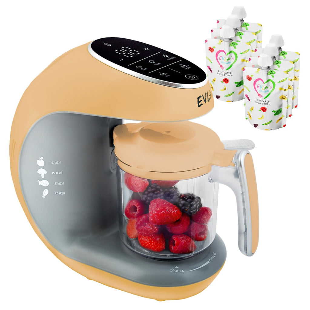 EVLA'S Baby Food Maker, Steamer, Blender, Baby Food Processor for Healthy Homemade Baby Food in Minutes, Touch Screen with 6 Reusable Food Pouches, Baby Registry Essential, Blue