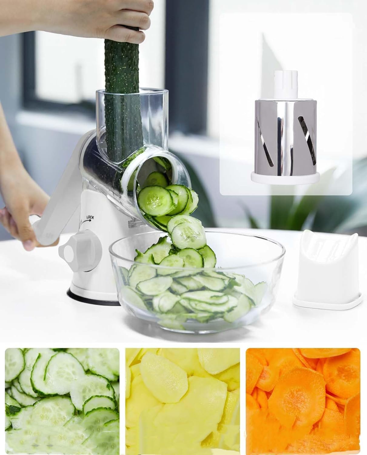 Rotary Cheese Grater Hand Crank, Grater For Kitchen With Reinforced Suction - Rotary Cheese Grater With 3 Replaceable Stainless Steel Blades - Easy to Use & Clean - Vegetable Cutter (White)