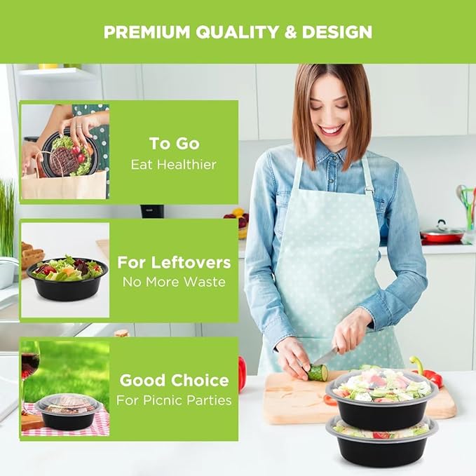 WGCC Meal Prep Containers with Lids - 50Pack 32OZ Meal Bowls, Round To Go Containers, BPA-Free, Freezer & Dishwasher Safe