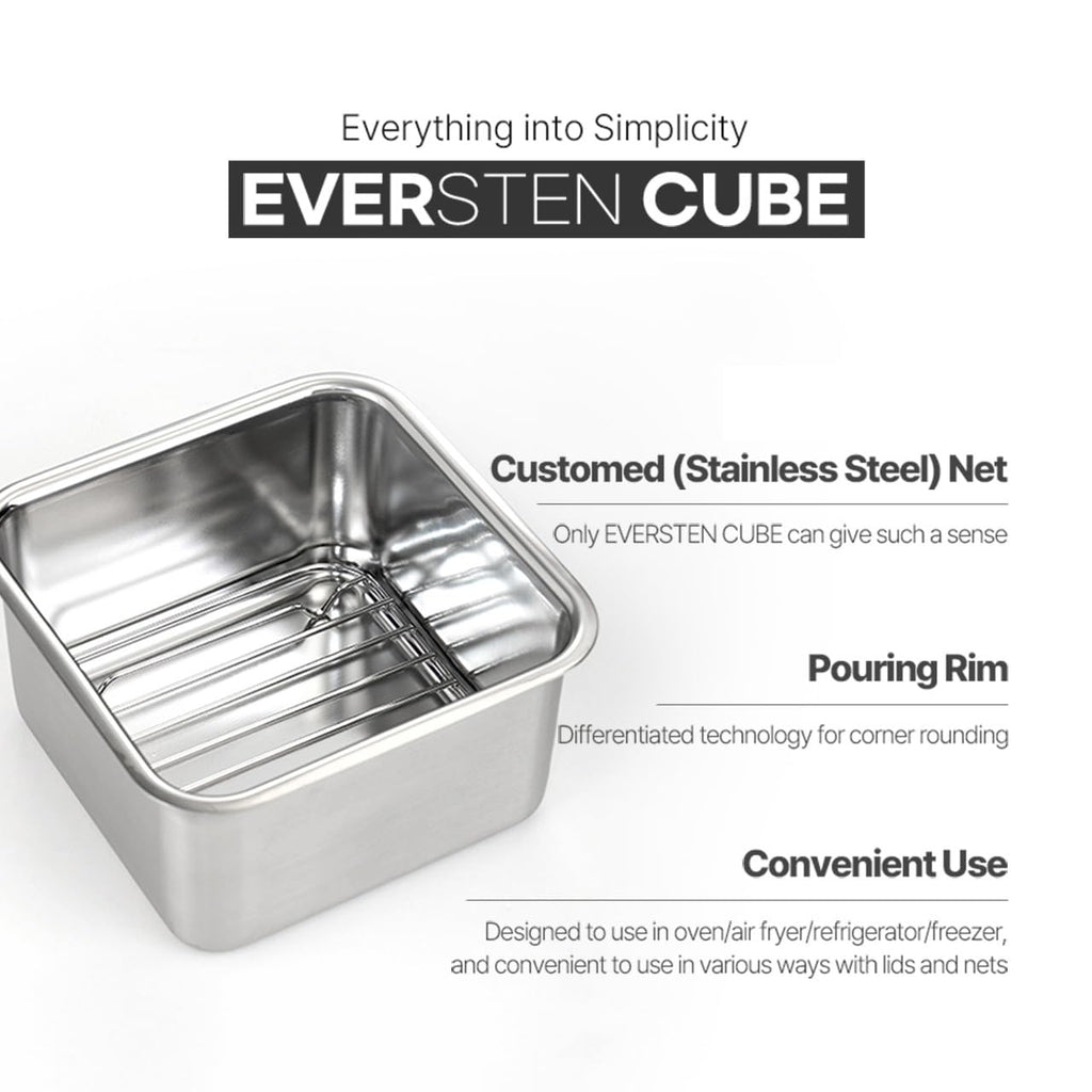 EVERSTEN CuBE Low 3PCS Set Stainless Steel Food Storage Containers With Lids and 3 Net Kitchen Appliances Dishwasher Safe Premium South Korea