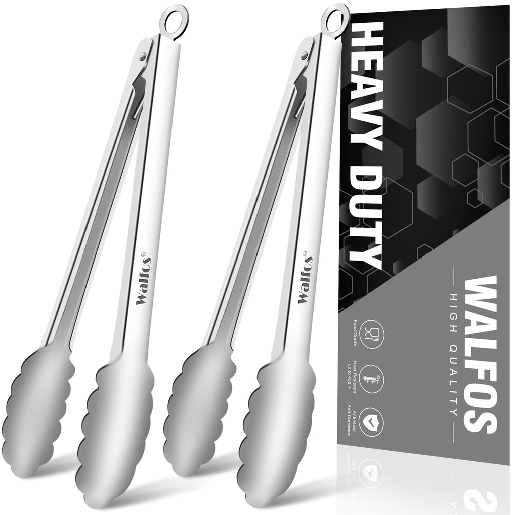 Walfos tongs for cooking, All Metal Kitchen Tongs 600℉ Heat Resistant, Heavy Duty Locking Tongs 2-piece 12 Inch