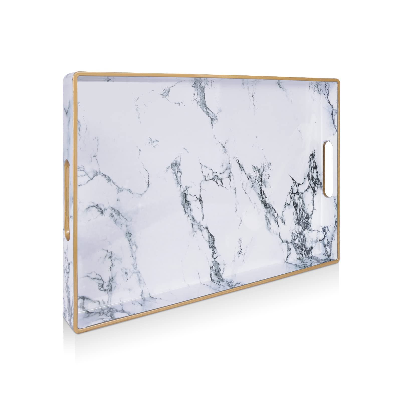 Gifturbo White Serving Tray, Marble Serving Trays with Handles,Rectangular Coffee Table Ottoman Tray Decorative Plastic Tray with Gold Rim for Living Room, Bathroom,Decor,15.7 x 10.2 x1.37 inches