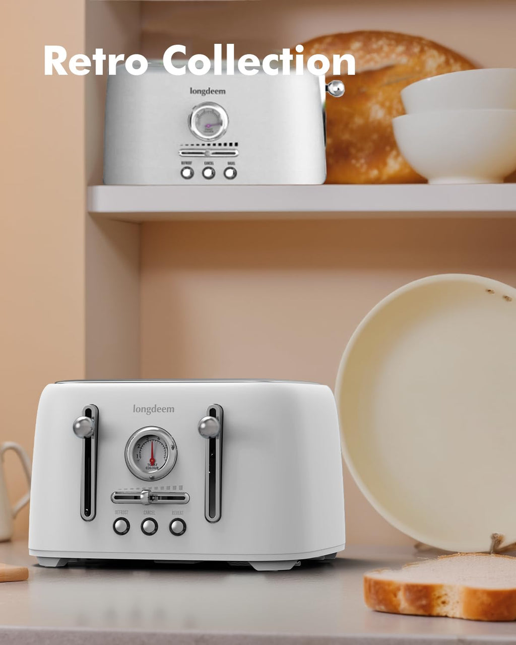 LONGDEEM 4-Slice Stainless Steel Toaster with 1.6" Wide Slots, Retro Bagel Toaster with 6 Browning Levels, Defrost/Bagel/Cancel, Removable Crumb Tray, White