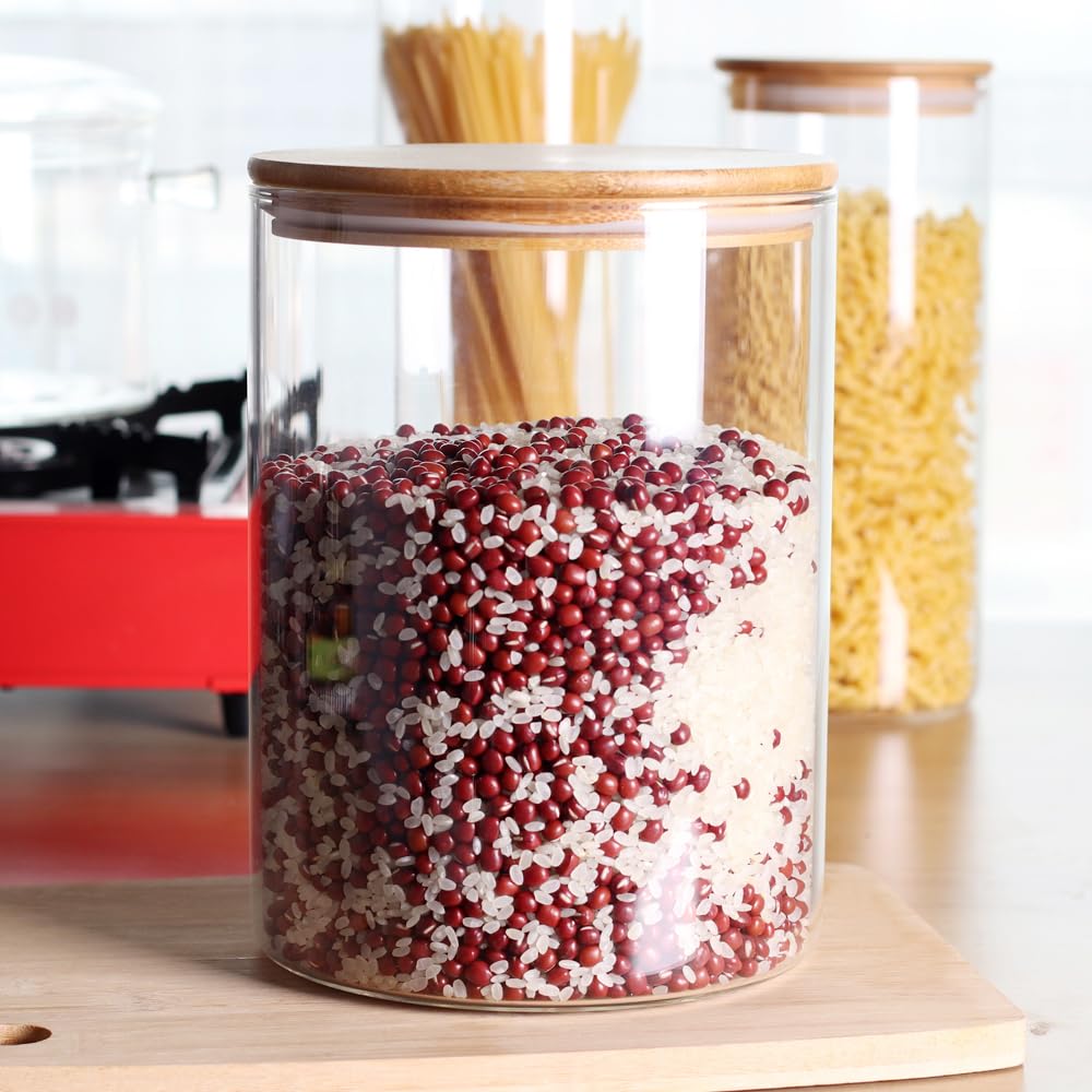 Set of 2 Large Glass Food Storage jar, 100 FL OZ (3000ml) Glass Flour Canister with Airtight Bamboo Lids for Kitchen Corner, BPA-Free Flour Container for Sugar, Ground Coffee, Rice and Dry Food