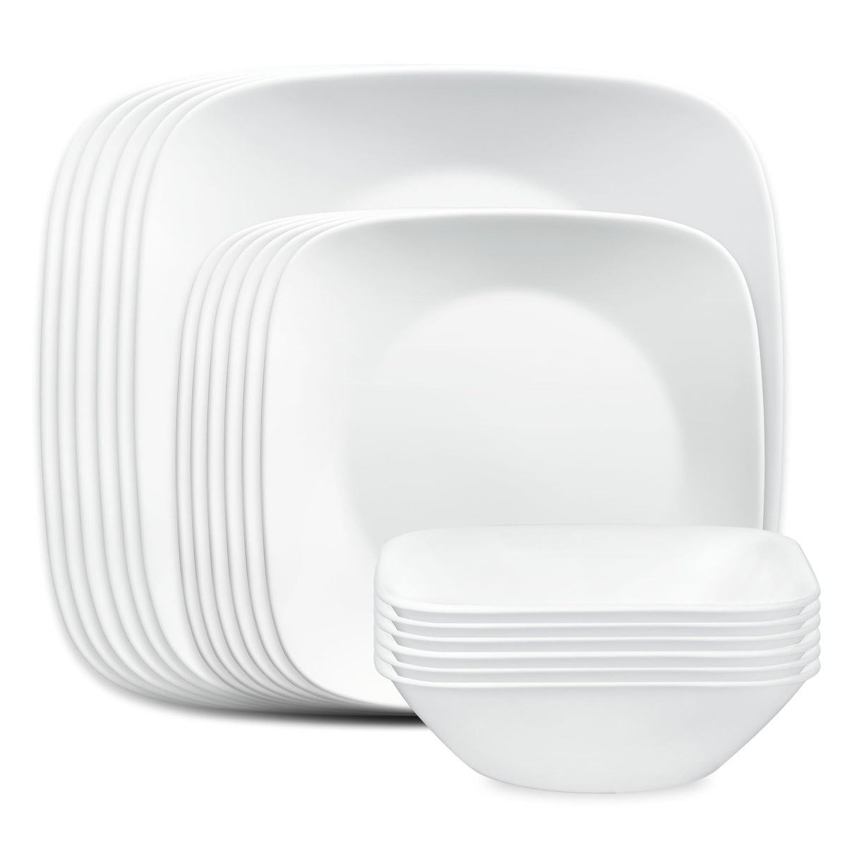 Corelle Vitrelle 18 Piece Glass Dinnerware Sets Rectangular Square Plate and Bowl Set Service for 6, Triple Layer Chip & Crack Resistant Glass Plate and Bowl Sets, Wandering Grove