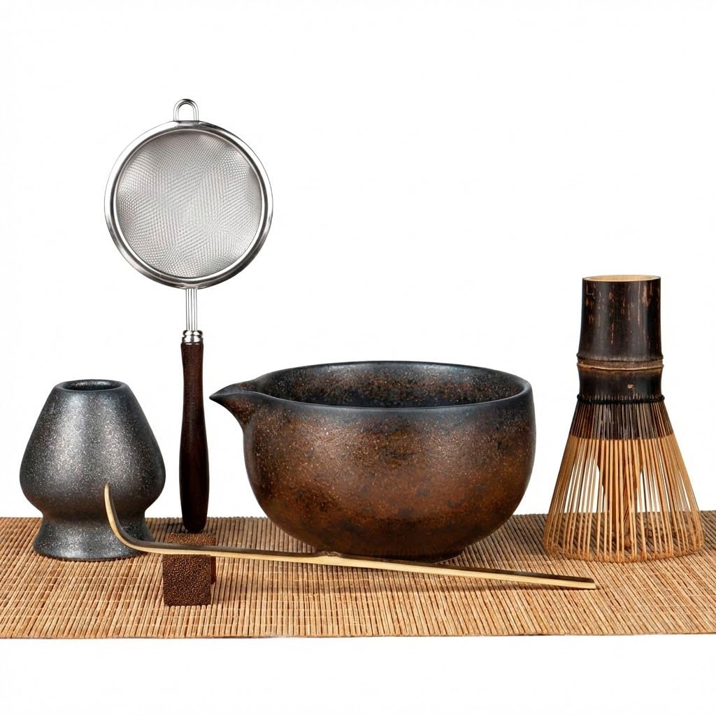 GleeNflux 7-Piece Matcha Whisk Set with Handmade Bowl & Purple Bamboo Whisk