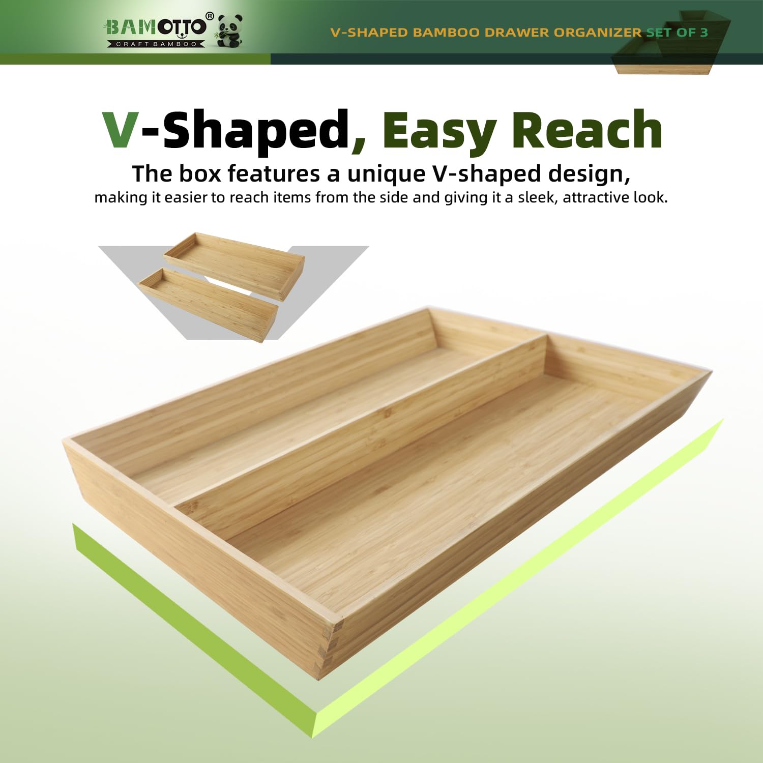 BAMOTTO CRAFTBAMBOO Large Long V-Shaped Bamboo Drawer Organizer Set of 3