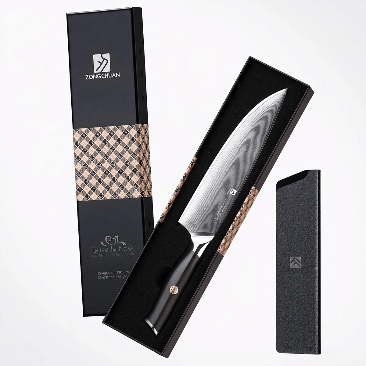 zongchuan 8-Inch Damascus Chef Knife, 67-Layer High Carbon Stainless Steel Kitchen Knife with Ergonomic Blue Black G10 Handle, Protective Sheath & Gift Box for Home and Professional Cooking