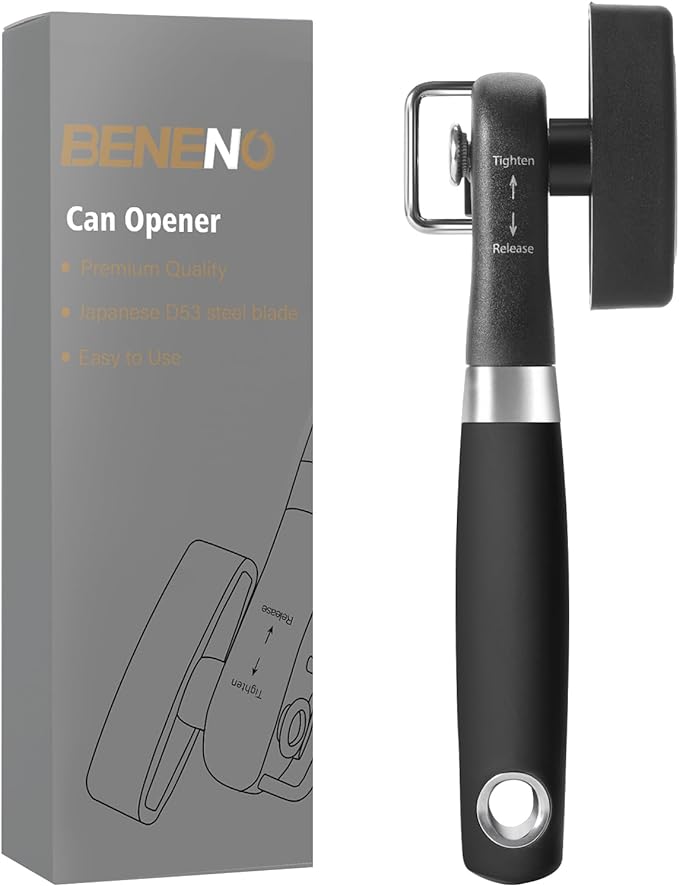 Can Opener, Safe Side Cut Manual Can Opener with Durable Sharp Blade, Smooth Edge Cutting, Effortless Big Knob, Comfortable Grip Handle, Black