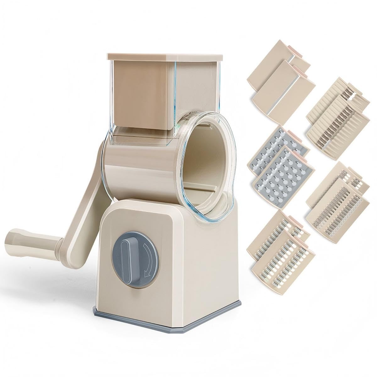 Rotary Cheese Grater with Hand Crank, Multi-Purpose Shredder Slicer with 5 Interchangeable Stainless Steel Blades for Shredding, Slicing, and Grating Cheese, Vegetables, and Fruit (Beige)