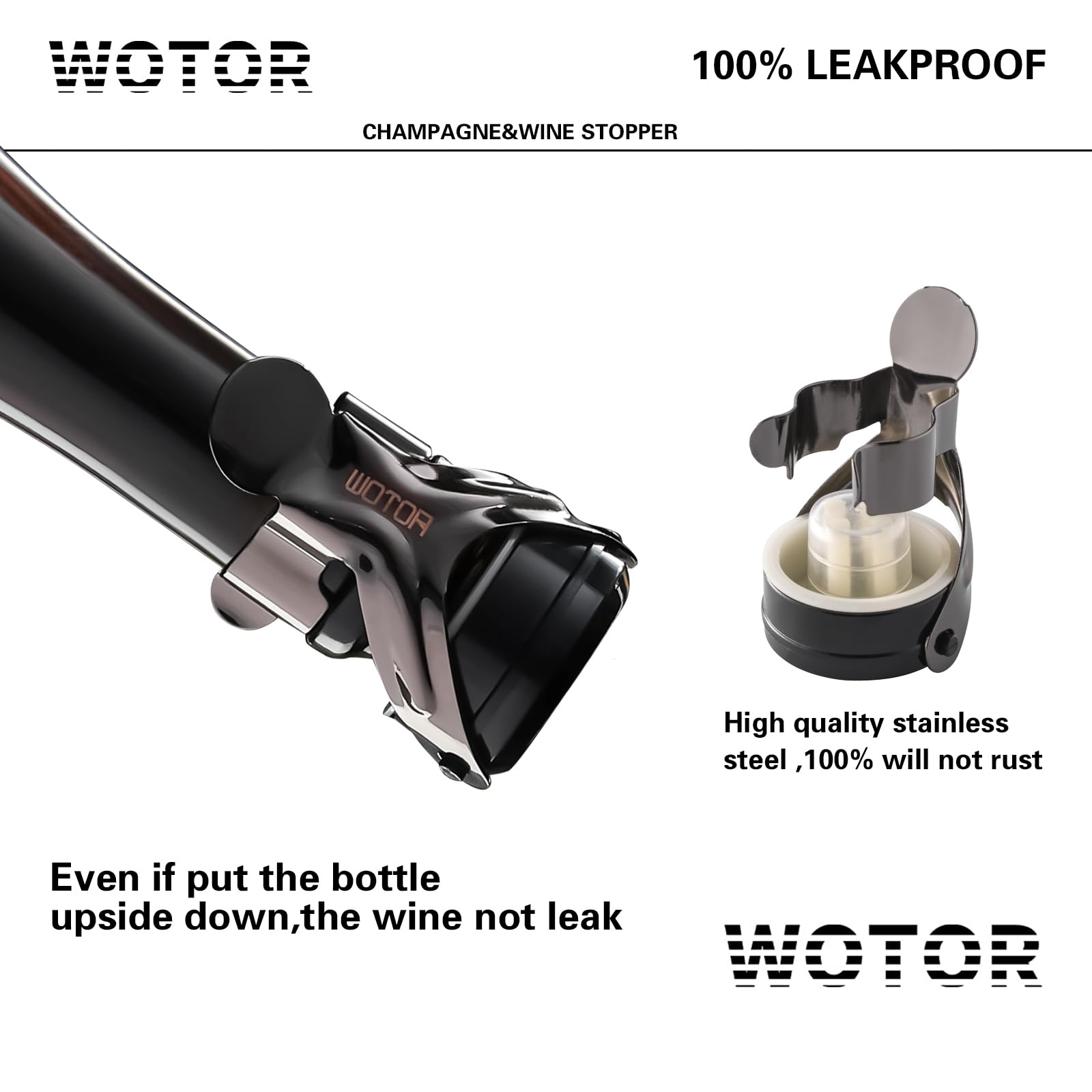 WOTOR Champagne&Wine Bottle Stoppers Stainless Steel with Food Grade Silicone, Leak Proof Keep Fresh Reusable Saver, Cork Suitable for Wine, Champagne, Cava, Prosecco and Sparkling (6 Pack Black）