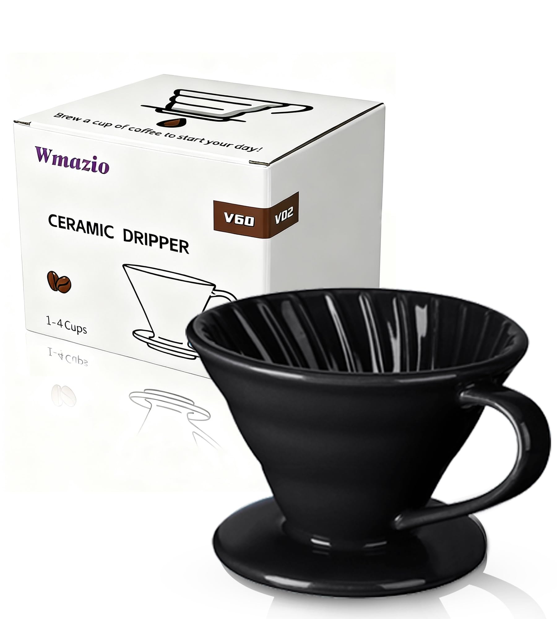 Wmazio Pour Over Coffee Dripper - Ceramic Pour Over Coffee Maker Cone, Porcelain Coffee Drip, Pour Over Single Cup, Manual Brew Maker for Home, Cafe, Office - 1-4Cup, V60 Size 02 (Black)