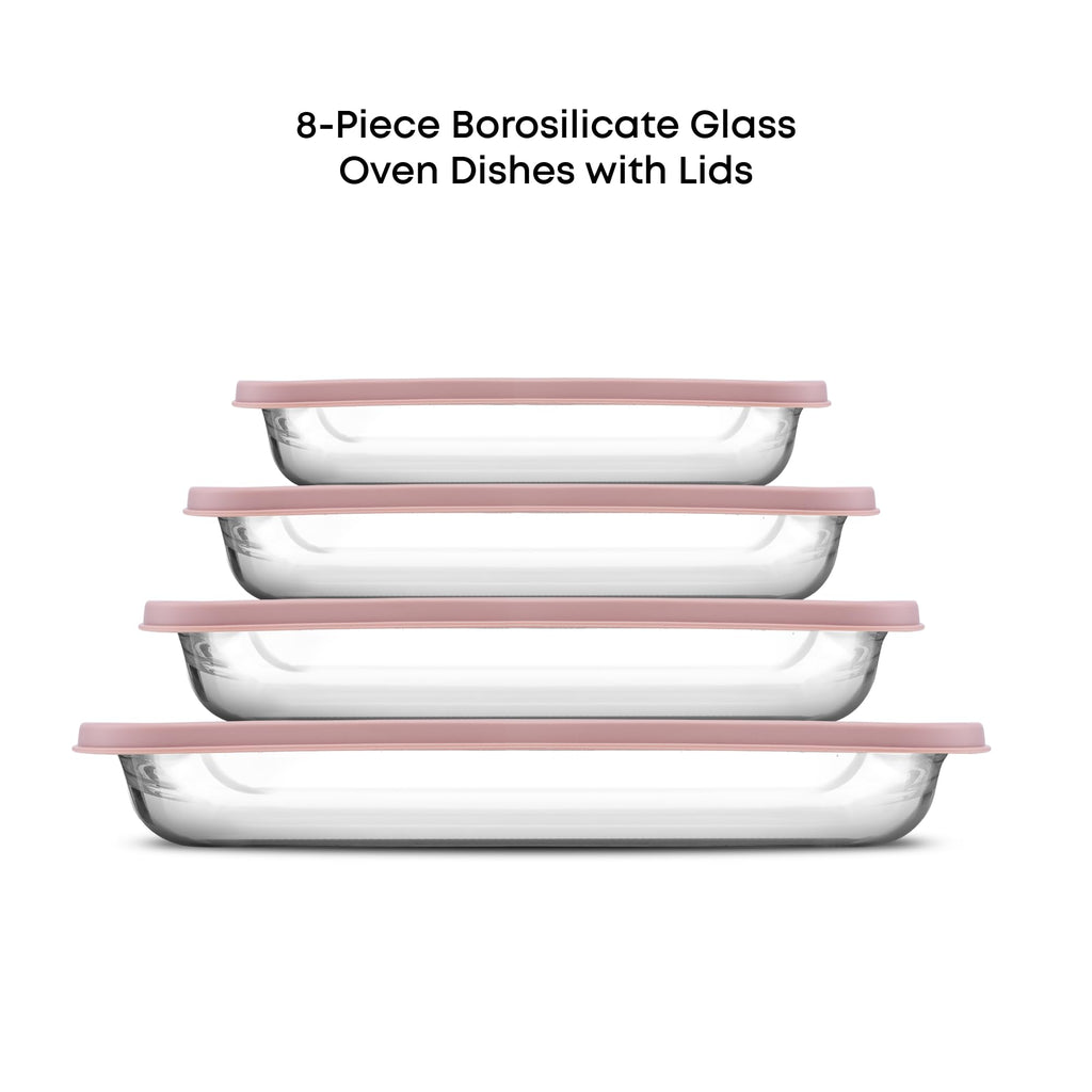 JoyJolt 8-Piece Borosilicate Glass Oven Dishes with Blushy Pink Lids, Rectangle Deep Glass Baking Dish Set, Baking Pans for Lasagna Casserole Cake, Bakeware Set, Freezer to Oven Tray to Dishwasher