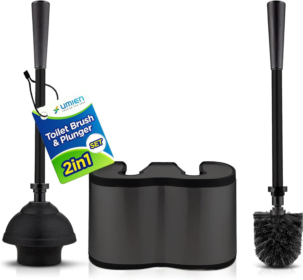 UMIEN 2-Pack Toilet Brush and Plunger Set, Matte Black, Long Handle