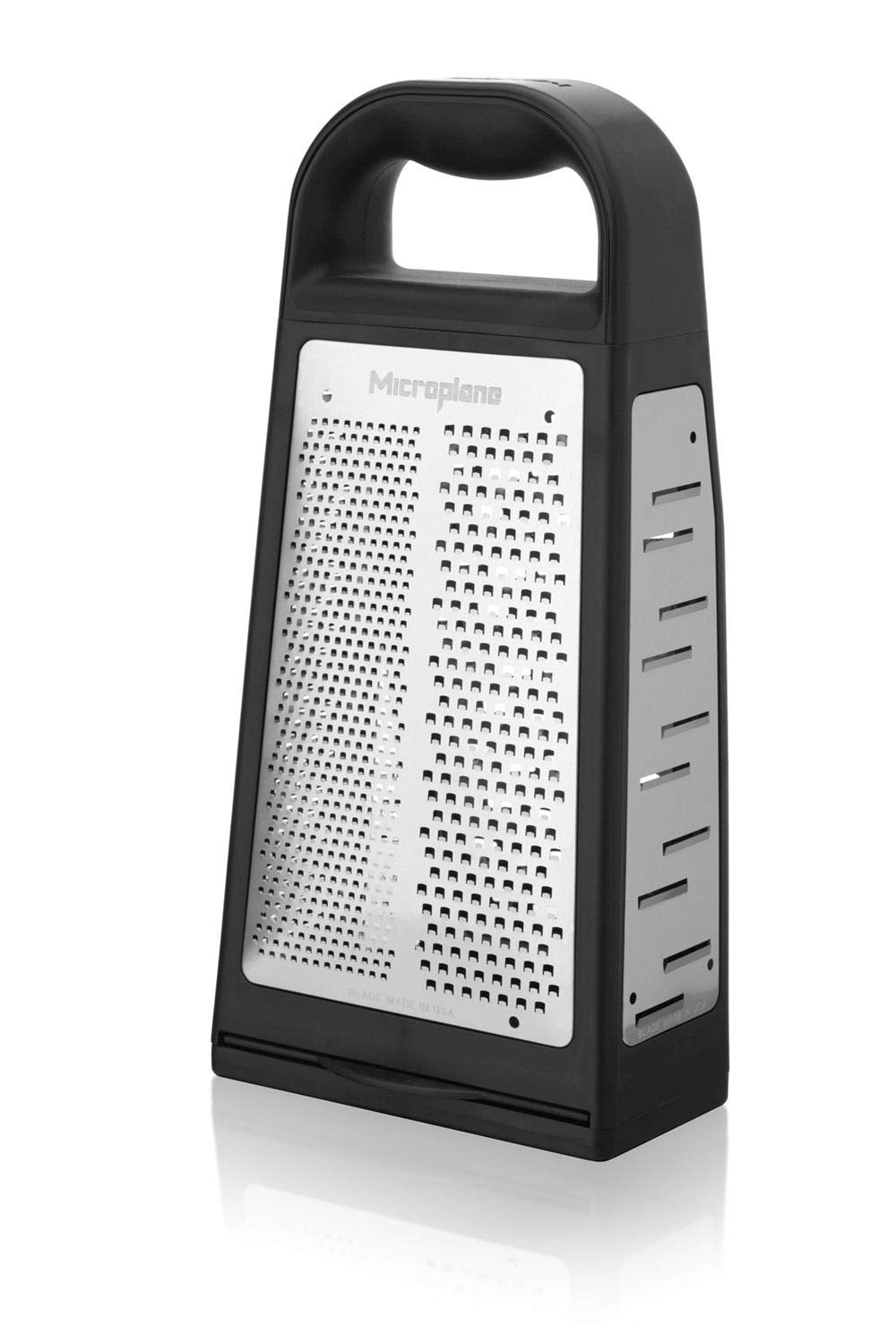 Microplane Elite Five Blade Box Grater with Measuring Cup Base, Five Grating Surfaces Including Fine, Coarse, Double-Sided Ribbon, Ultra-Coarse, and Slicer - Black
