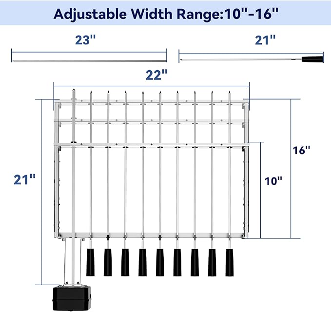 Skyflame Stainless Steel Electric Barbecue Shish Kabob Skewer Set with 9pcs Skewers, Automatic Rotating Skewer Turner with Adjustable Speed Motor and Adjustable Length Rotisserie BBQ Grill Rack