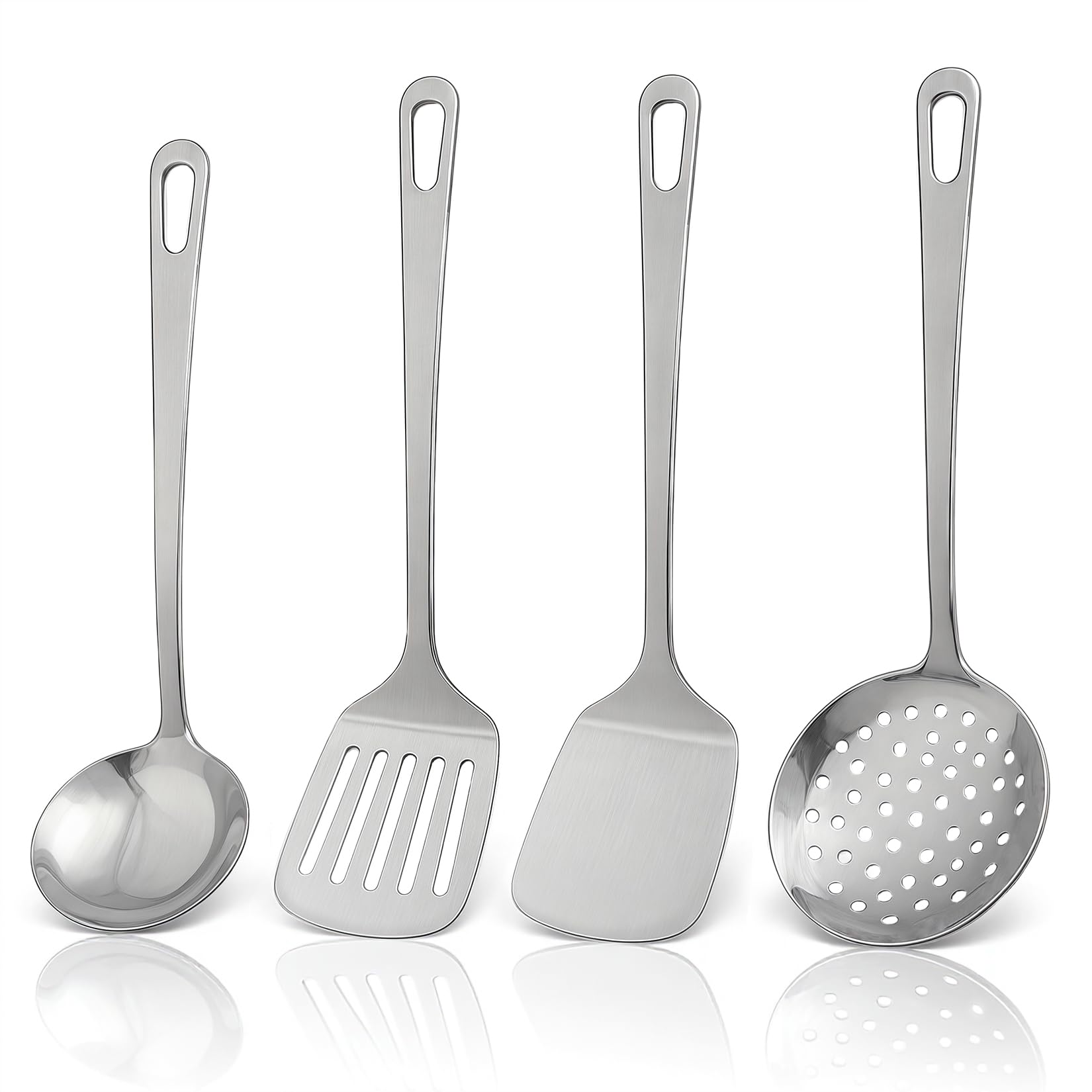 4pcs Cooking Utensils Set - Stainless Steel Kitchen Utensils, Heavy Duty Metal Kitchen Tools with Stainless Steel Spatula Solid & Slotted Turner, Ladle, Skimmer, Dishwasher Safe Easy to Clean