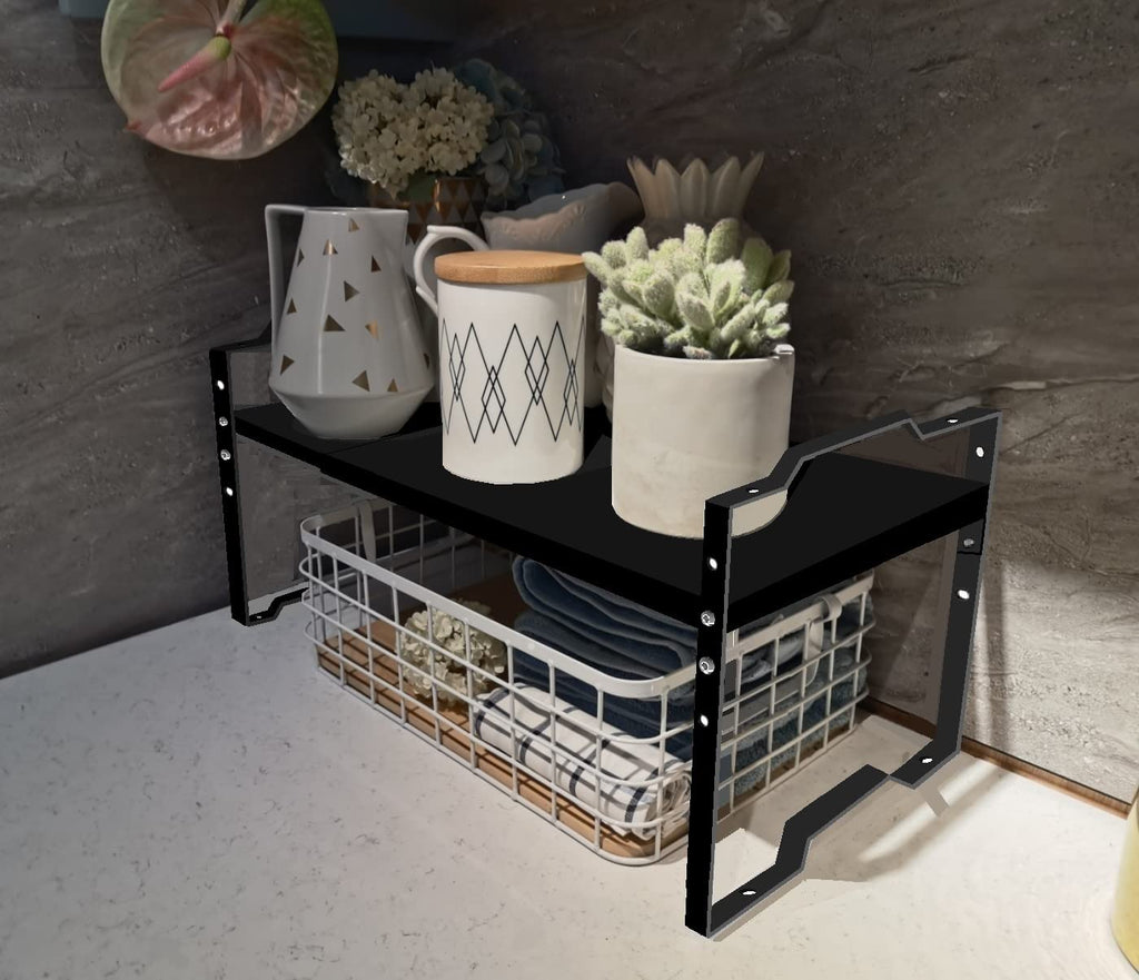 Jojocross Expandable Shelf for Cabinet Organizer Adjustable Stackable Spice Rack at Kitchen and Bathroom more, Counter Countertop Cupboard Organization Pantry Storage(MEDIUM/2PACKS/BLACK)