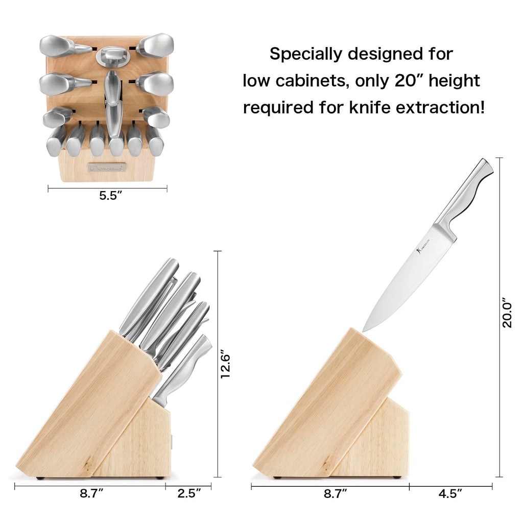 KANGDELUN 15‑Pc Kitchen Knife Set w/Block & Sharpener, Ultra Sharp 50Cr15MoV High Carbon Stainless Steel Blades, Ergonomic Anti‑Slip Handles, Angled Wood Block, Chef Knife, 6 Steak Knives & Shears