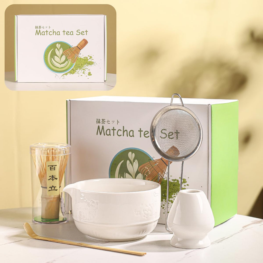 Matcha Tea Set, 5-Piece Ceramic Matcha Bowl & Whisk Kit with Cute Cat Pattern, Traditional Japanese Chawan, Scoop & Sifter, Perfect for Tea Ceremony, Gift for & Tea Lovers (Purple;)