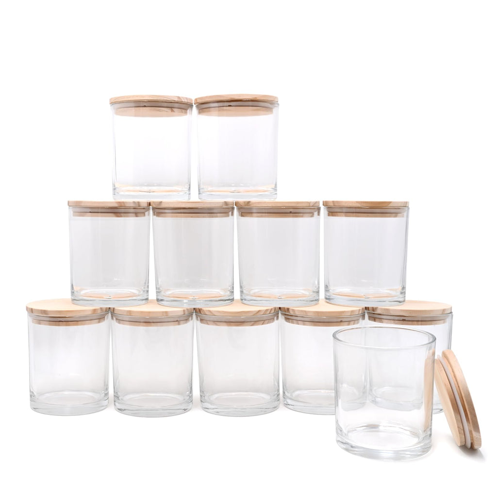 SHOWIN Thick Candle Jars for Making Candles 12 Pcs, 7 OZ Empty Jars with Wood Lids for Candle Making, Sample Container, Clear