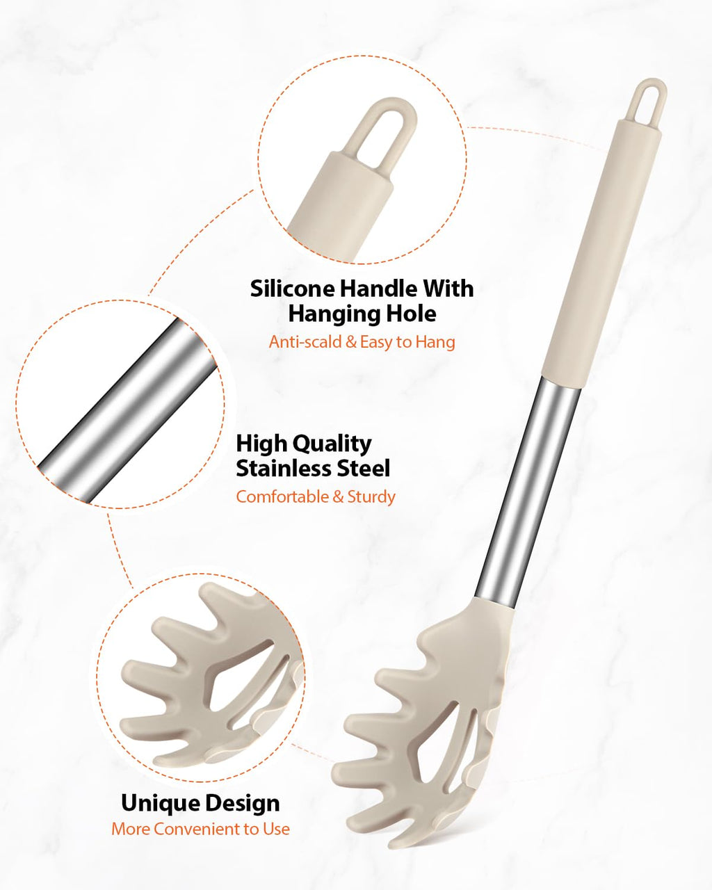 Silicone Spaghetti Spoon & Pasta Tong, Non-Stick Stainless Steel Handle Pasta Fork Set with Teeth, Food Clip for Easy Serving of Noodles (Khaki)