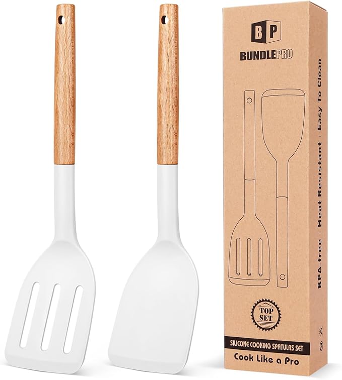 Pack of 2 Silicone Cooking Spatula, Heat Resistant Solid Turner, Non Stick Slotted Spatulas with Wooden Short Handle,Ideal Wood Kitchen Utensils Set for Frying, Baking, Flipping, Turning