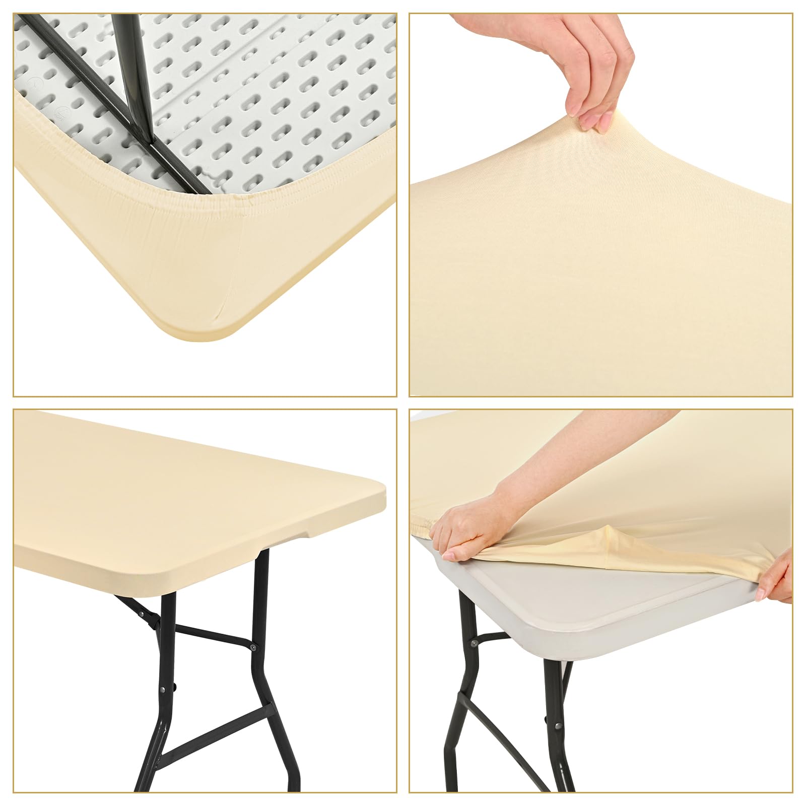 REWOMC 6 Pack Stretch Fabric Table Top Cap Cover, fits 6' Tables, Spandex Table Covers Washable Elastic Rectangle Tablecloth Protector for Indoor Outdoor Party Picnic Wedding, Beige, 30" W x 72" L