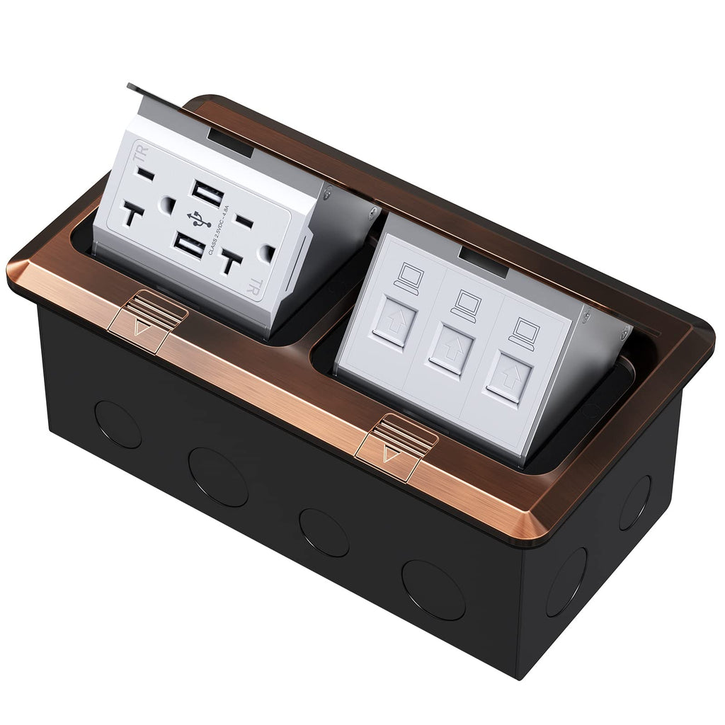 KYHSHJ Dual Pop-Up Floor Electrical Outlet Box Kit，20 Amp Stainless Steel GFCI TR Receptacle Outlet，3-Port RJ45 Datacom Receptacle， Black