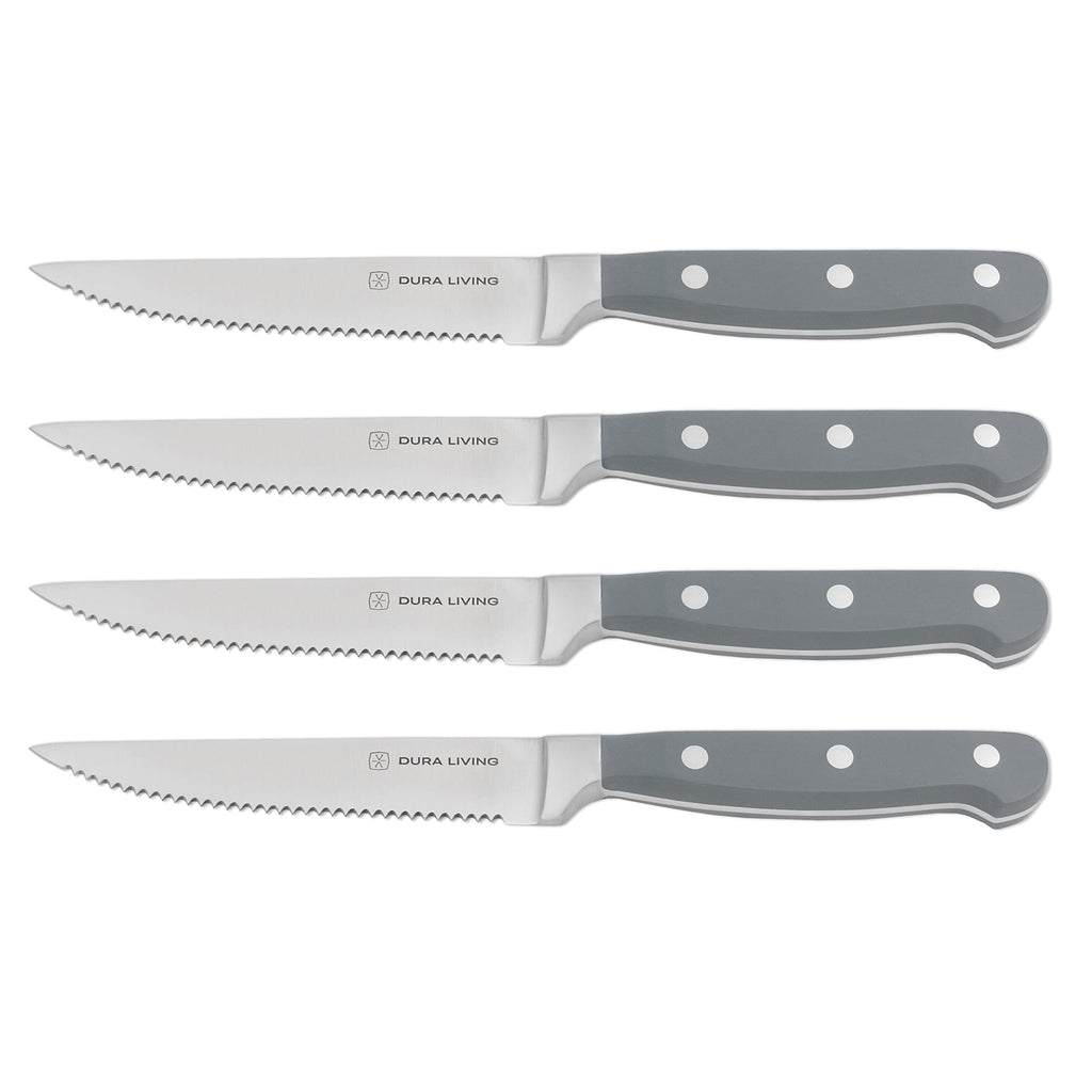 DURA LIVING Premium 4-Piece Steak Knife Set – Sharp Serrated Blades, Forged High Carbon Stainless Steel, Full Tang, Ergonomic Handle, Black – Perfect for Dining