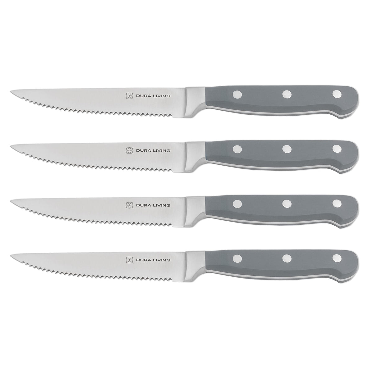 DURA LIVING Premium 4-Piece Steak Knife Set – Sharp Serrated Blades, Forged High Carbon Stainless Steel, Full Tang, Ergonomic Handle, Black – Perfect for Dining