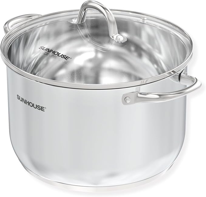Sunhouse: Stainless Steel Stock Pot - 11 Quart - Tempered Glass Lid, 3-Ply Bottom, Soup-Pasta-Food, Boil-Simmer, All Cooktops, Dishwasher & Oven Safe