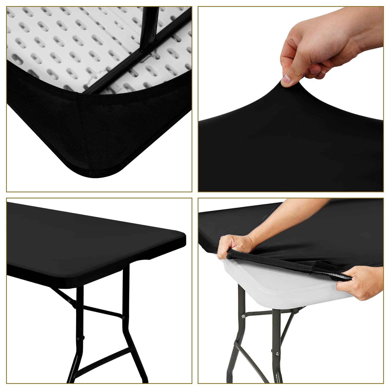 6 Pack Stretch Fabric Table Top Cap Cover, fits 8' Tables, Spandex Table Covers Washable Elastic Universal Rectangle Tablecloth Protector for Indoor Outdoor Party Picnic Wedding, Black, 30" W x 96" L