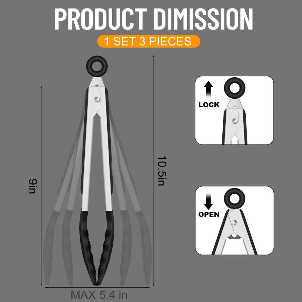 Hotec Silicone Serving Tongs for Cooking 9-Inch Kitchen Tongs with Silicone Tips, Set of 3 (Black)