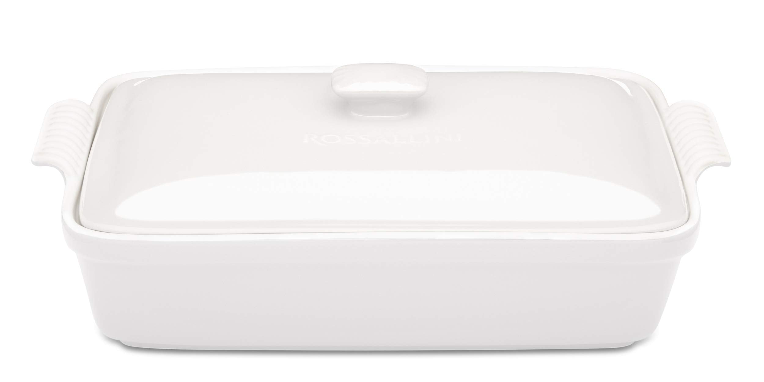 ROSSALLINI Stoneware Casserole Dish Bakeware Set with Lid, Covered Rectangular Dinnerware, Large 3.2 Quart, 11 by 9 Inch, Bianco [White]